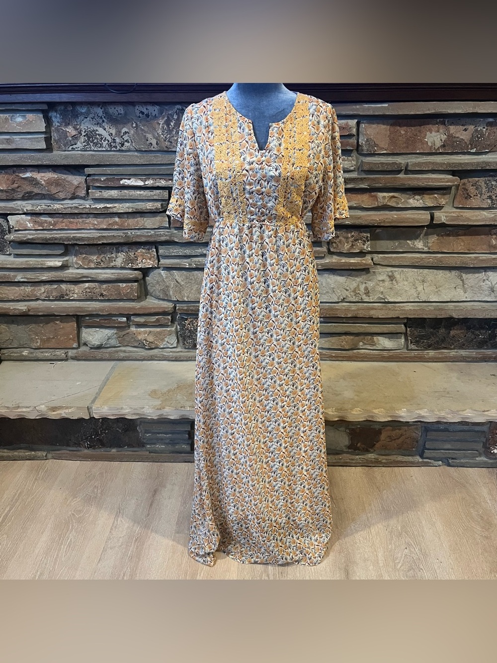 Piper and Scoot Boho Floral Maxi Dress in Mustard